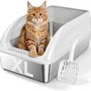 Stainless Steel Litter Box with High Sides, Extra Large Metal Cat Litter Pan for Big Cats, XL Litter Box with Scoop, Non-Stick Easy Clean Anti-Leak Kitty Litter Pan, Odor Control Open Top Design