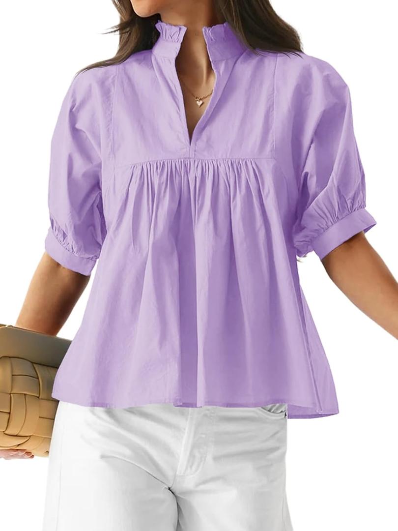 Cicy Bell Womens Puff Sleeve V Neck Blouse Babydoll Peplum Tops Dressy Casual Pleated Loose Fit Shirts (XX-Large, Light Purple)
