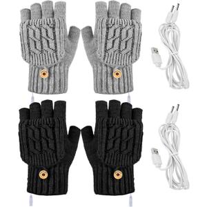 SATINIOR 2 Pairs Winter USB Heated Gloves Fingerless USB Hand Warmer Electric Hand Warming Gloves Heated Mittens with Button (Classic, Gray/Black)