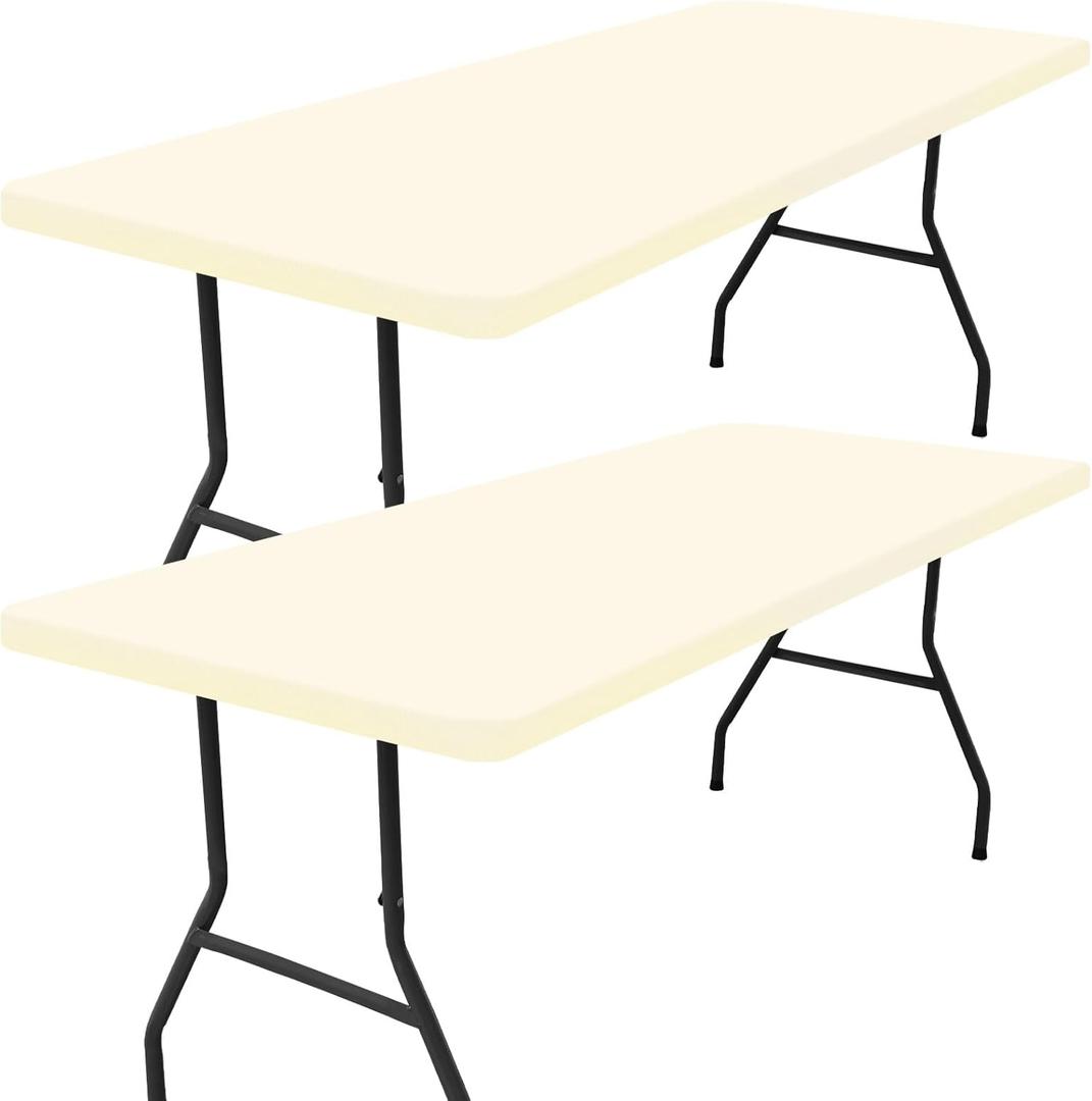 Smiry 2 Pack Rectangle Picnic Table Cloth, Waterproof Elastic Fitted Tablecloths, Washable Polyester Rectangular Patio Table Cover for Camping, Indoor and Outdoor (Beige, 30"x96")