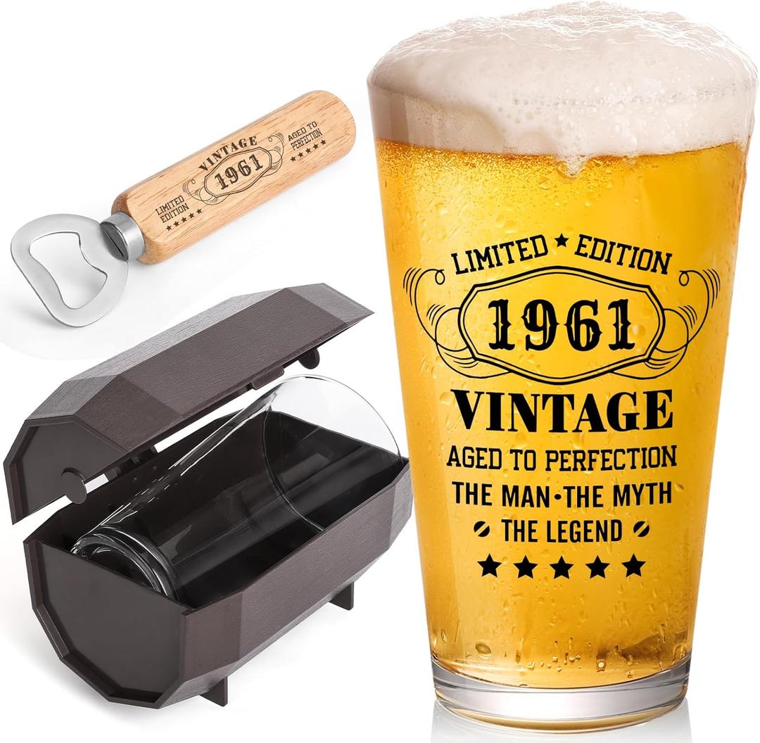 65th Birthday Gifts for Men, Vintage 1961 Beer Glass Set of 16oz in Barrel Box, 65 Year Old Gift Ideas for Him Husband Dad, Pint Glass for 65th Birthday Decorations & Wedding Anniversary