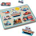 Melissa & Doug Vehicles Sound Puzzle - Wooden Peg Puzzle With Light-Activated Sound Effects (8 pcs) Puzzles for Toddlers, Wooden Puzzles For Kids Ages 2+