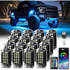 16 Pods Full Angle RGBW LED Rock Lights, 6500K Pure White RGB Rock Light for Truck Jeeps Pickup Offroad Golf Cart Boat RV UTV Underbody, 12V Waterproof Neon Underglow Kit with APP/RF Remote Sync Music