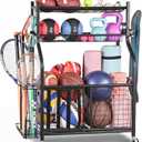 PLKOW Sports Equipment Storage for Garage, Indoor/Outdoor Sports Rack for Garage, Ball Storage Garage Organizer with Basket and Hooks,Toy/Sports Gear Storage