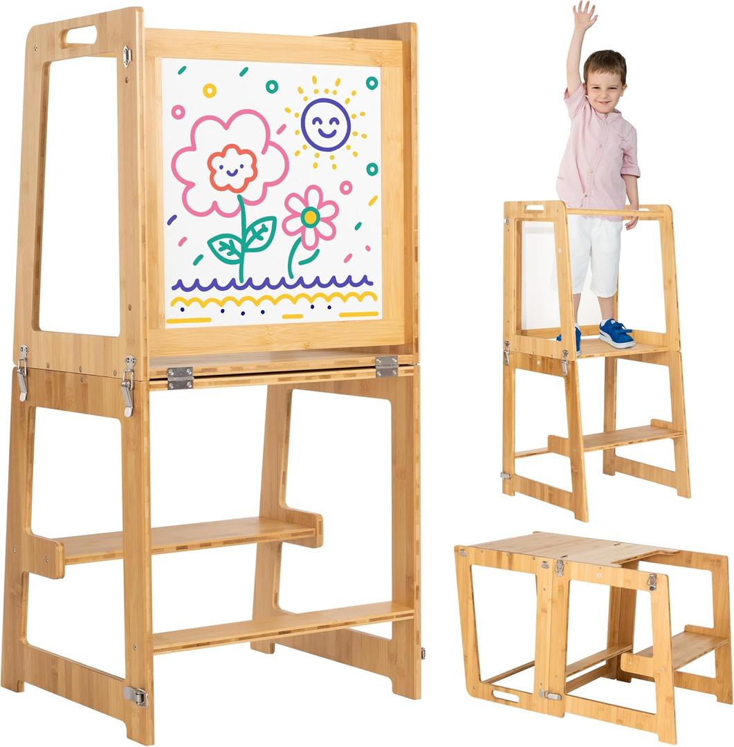 Toddler Tower - Toddler Stool for Kitchen - 3-in-1 Toddler Kitchen Step Stool - Foldable Toddler Tower Features: Tabletop, Step Stool Ladder, and Whiteboard with Included Markers and Dry Eraser (Natural Wood)