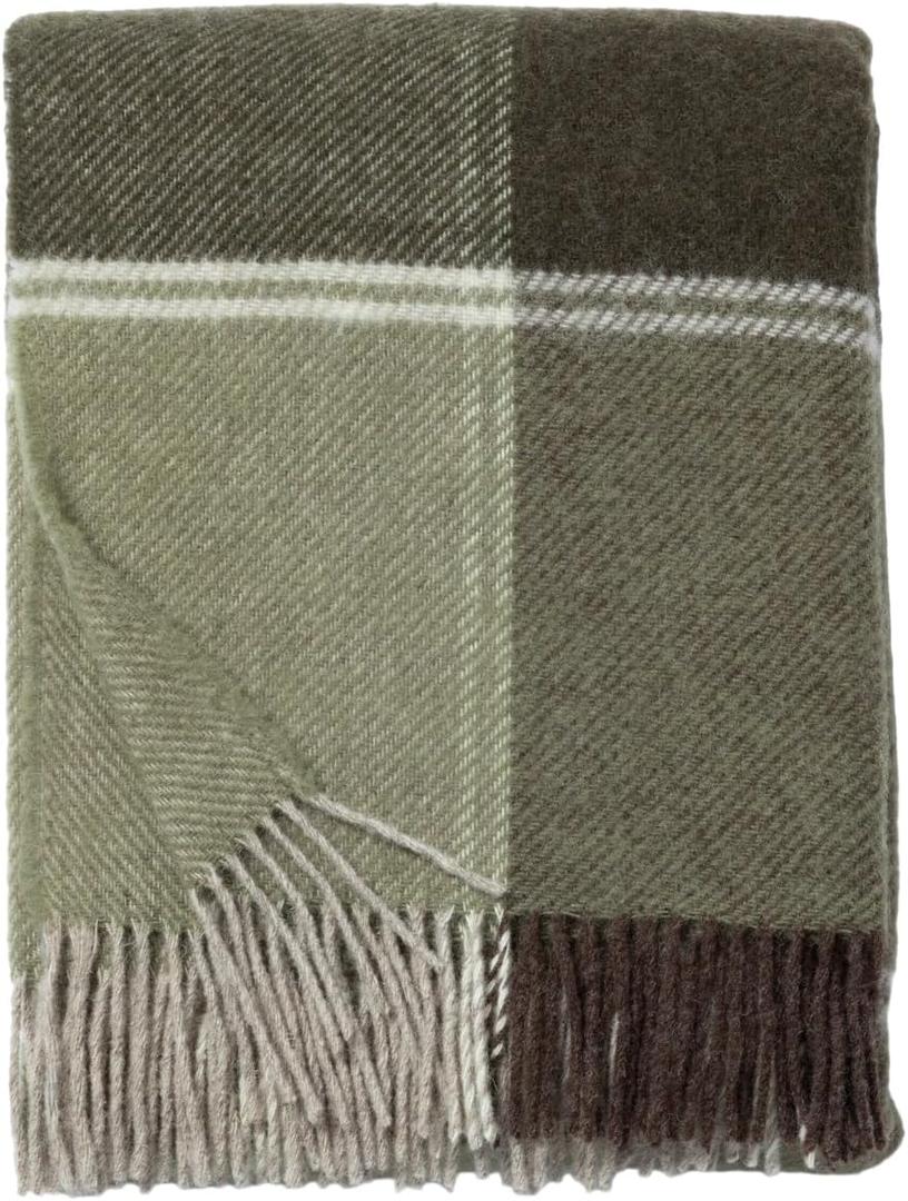 Ukrainian 100% Wool Fringed Throw Blanket Soft Warm Durable Fair Trade Artisan Made Cozy Plaid Herringbone Design Home Decor (Green, Plaid)