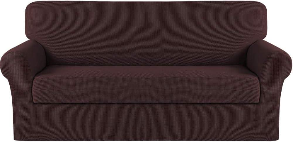 Turquoize Stretch Sofa Slipcover 2 Pieces Sofa Cover Couch Cover for 3 Cushion Couch Washable Furniture Protector Covers with Elastic Bottom Feature Thick Jacquard Fabric (Sofa, Brown)