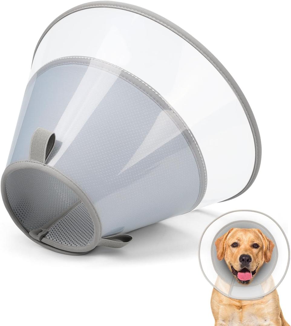 Dog Cone Collar with Soft Pad, Transparent Elizabeth Recovery Collar for Large, Medium, Small Dogs to Stop Licking, Pet Head Cone Alternative After Surgery, Neutering, Injury (L) (Gray)