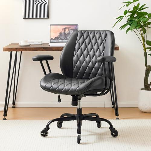 YFO Home Office Desk Chair Office Rubber Chair Casters Ergonomic Computer Chair with Lumbar Support Adjustable Height Rolling Swivel Chair Executive Task Armrests Chair， Black PU Fabric