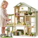 Tiny Land Wooden Doll House, Modern Family Dollhouse with Realistic Design, 7 Rooms Dollhouse with 49 PCS Accessories, Montessori Pretend Play Toddler Toy, Ideal Gift for Kids Ages 3+, Green