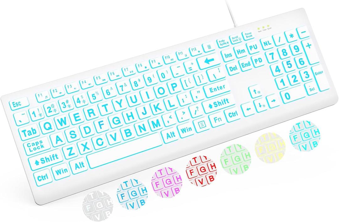 SABLUTE Large Print Backlit Keyboard, Wired USB Lighted Computer Keyboards with 7-Color & 4 Modes Backlit, Oversize Letters Keys Easy to See and Type, Keyboard Compatible for PC, Laptop (White)