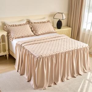 Ruffle Skirt Bedspread Set,3 Piece Bed Skirt Queen Size with 30-inch Extra Long Drop, Quilted French Country Farmhouse Bedding, Soft Microfiber Shabby Chic Bedspread with 2 Pillow Shams, Camel