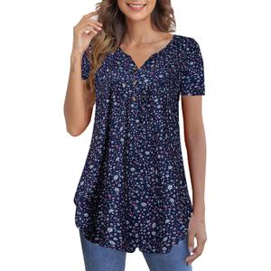 Zyyfly Womens Tank Tops Loose Fit Summer Henley Shirts Pleated Flowy Sleeveless Tunic Tops (XL,Floral-short Sleeve)