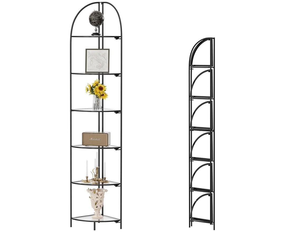 Crofy Foldable 6 Tier Corner Shelf, Metal Corner Plant Stand with Black Frame and Transparent Shelves, Corner Display Rack Multipurpose Shelving Unit for Living Room, Bedroom, Bathroom
