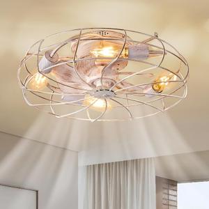 LEDIARY 20" Caged Ceiling Fans with Lights, White Flush Mount Low Profile Ceiling Fan with Remote, Small Modern Farmhouse Industrial Ceiling Fan with Light for Bedroom, Kitchen, Dining Room, Indoor