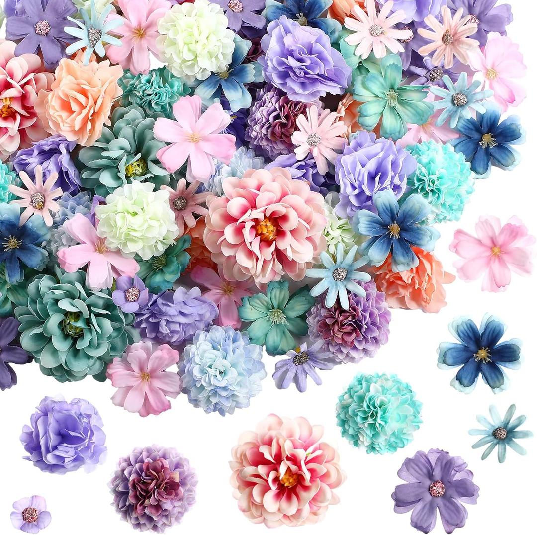 Cindeer 200 Pcs Fake Flower Heads for Crafts Mini Silk Flower Heads Faux Rose Artificial Daisy Blossom Heads Decorative Flowers for Home Bride Bridesmaid Wedding Centerpieces, 2-7 cm(Blue, Purple)