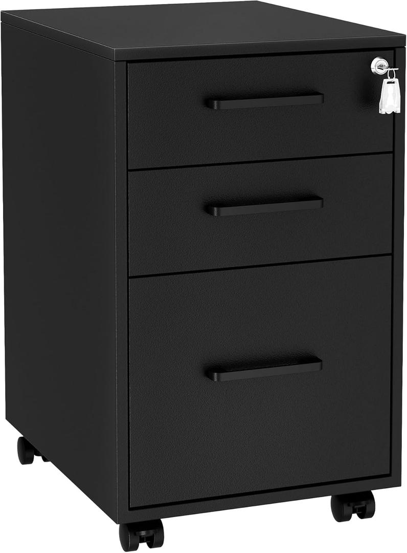 SONGMICS File Cabinet, Pre-Assembled Except Wheels and Handles, Office Filing Cabinet with Lock, for A4, Legal, Letter Sized Documents, 17.7 x 14.4 x 23.6 Inches, Matte Black UOFC110B02