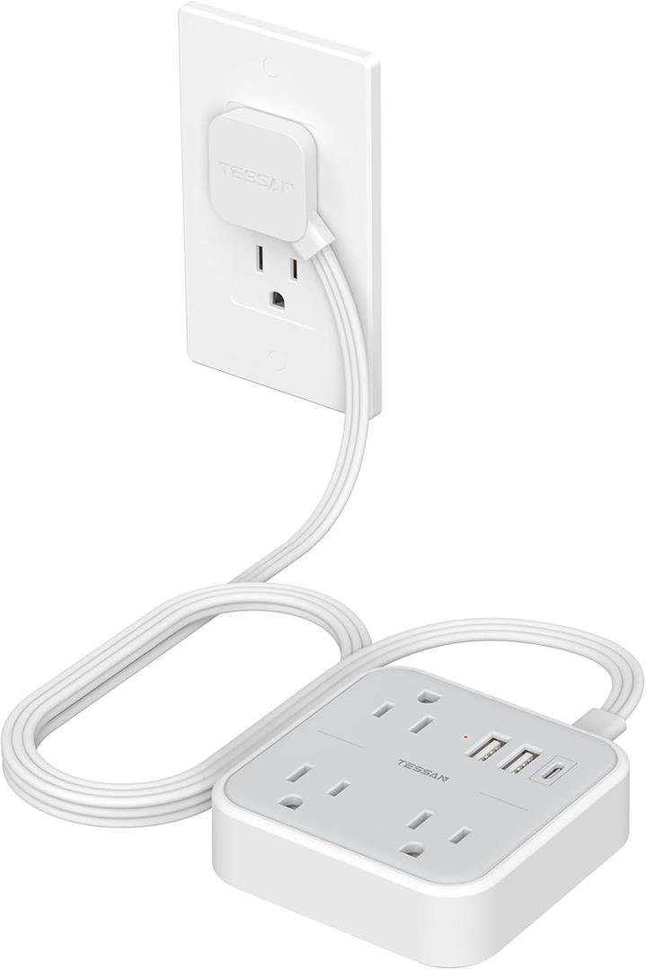 TESSAN Ultra Thin Flat Extension Cord 5 FT, Slim Power Strip with USB Ports (1 USB C), Surge Protector Flat Plug Wall Charger with 3 Outlets for Office, School, Dorm Room Essentials (Grey White)