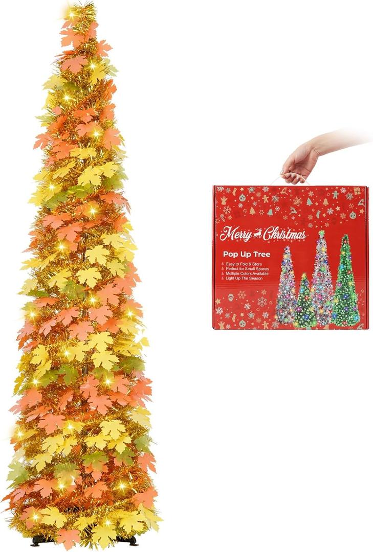 MACTING Fall Tree with 100 LED Warm Lights 5FT Collapsible Autumn Maple Leaf Pop Up Tinsel Tree Battery Operated with Timer Easy-Assembly for Porch Home Apartment Holiday Thanksgiving Christmas Decor (Orange)