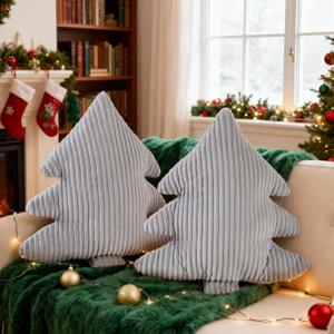 Lanpn Christmas Tree Pillows Set of 2, Christmas Decoration Narrow Stripes Winter Throw Pillow Soft Cute 3D Shaped Xmas Tree Throw Cushion for Sofa Bedroom Xmas Decor (18x16 inch, Grey)