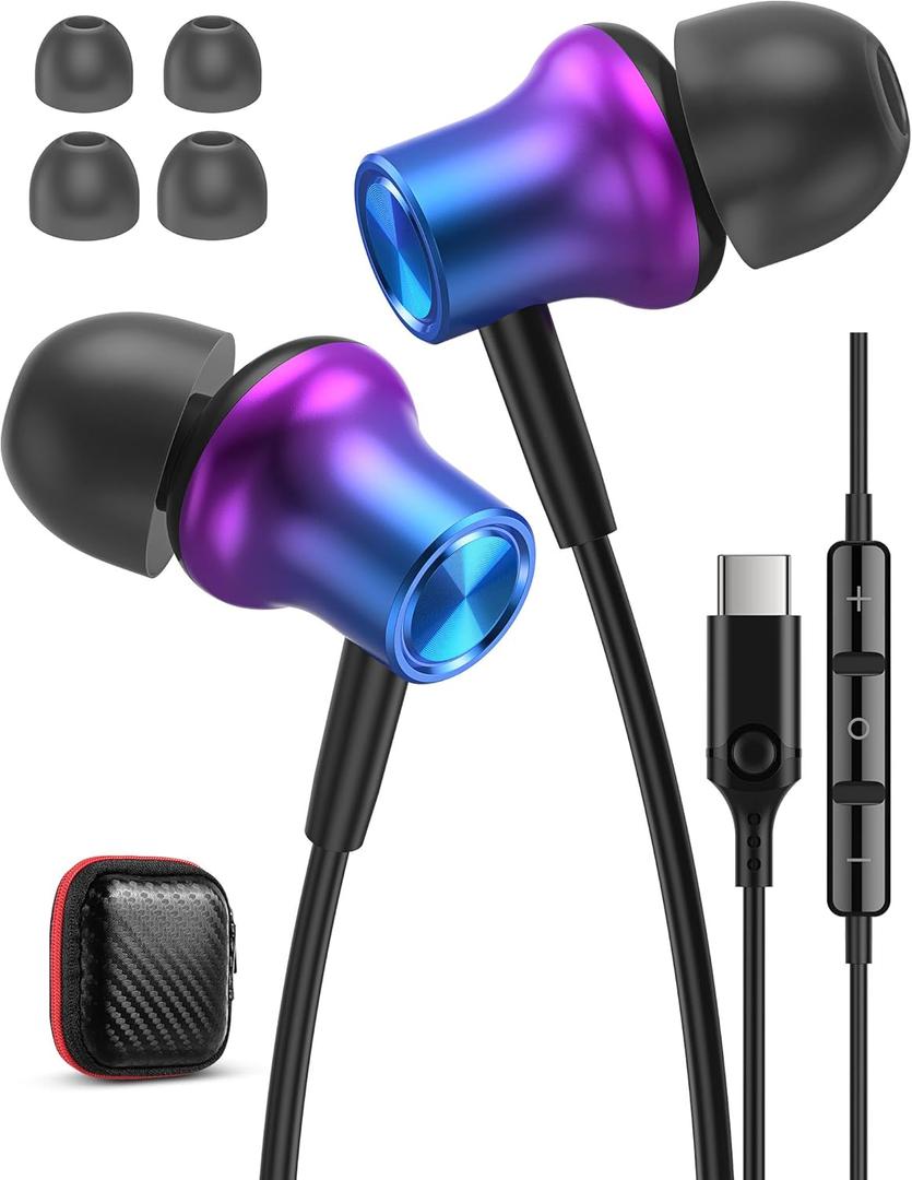 iMangoo Wired USBC Headphones Ergonomic in Ear Buds for iPhone 17 Air 16 16e 15 for iPad Pixel 10 9 9a Galaxy S25 S24 Ultra USB C Type Earbuds Earphones with Microphone for Laptop Office Work Purple