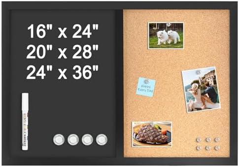 4 THOUGHT Chalkboard Corkboard Combo, 24" x 16" Bulletin Cork Board Magnetic Chalk Board for Wall Combination Board Black Frame Double Use Black Board Cork Board 1 Marker 4 Magnets 10 pins