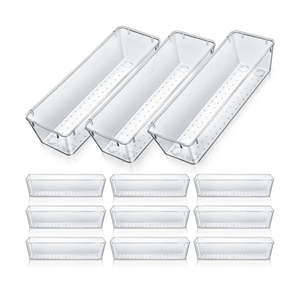 Maitys 12 Pcs Clear Drawer Organizer 9 x 3 x 2 Inches Plastic Rectangle Trays Makeup Vanity Storage Bins and Kitchen Drawers Dividers for Office Desk Silverware Kitchen Utensils(Clear)
