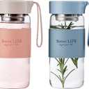 Glass Tea Bottle 16 oz Drinking Bottle with Non-Slip Holster, and Stainless Tea leak, Leak Proof Lid, Portable Glass Water Bottle for School, Office, Car, Home, as a gift, etc (Blue+Pink)