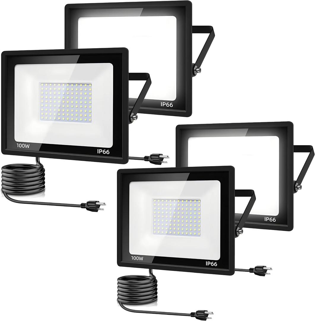 4Pack LED Flood Light Outdoor,100W LED Work Light 11000lm with 6FT US Plug,IP66 Waterproof Exterior Security Lights,6000K Daylight White Outside Floodlights Slim Design for Playground Yard