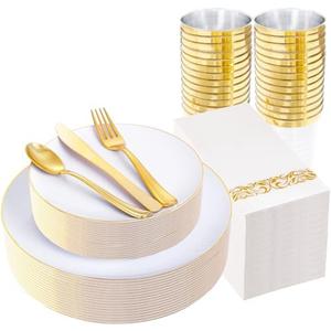 YOUBET 175PCS Gold Rimmed Plastic Plates - White and Gold Disposable Plates Includes 25 Dinner Plate, 25 Dessert Plate, 75Silverware, 25 Cups, 25 Napkins for Wedding & Party & Thanksgiving