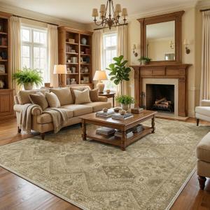 GENIMO 6x9Area Rugs for Living Room, Machine Washable Non Slip Vintage Rugs, Low Pile Lightweight Print Rug for Bedroom, Dining Room, Home Office, Tan Brown