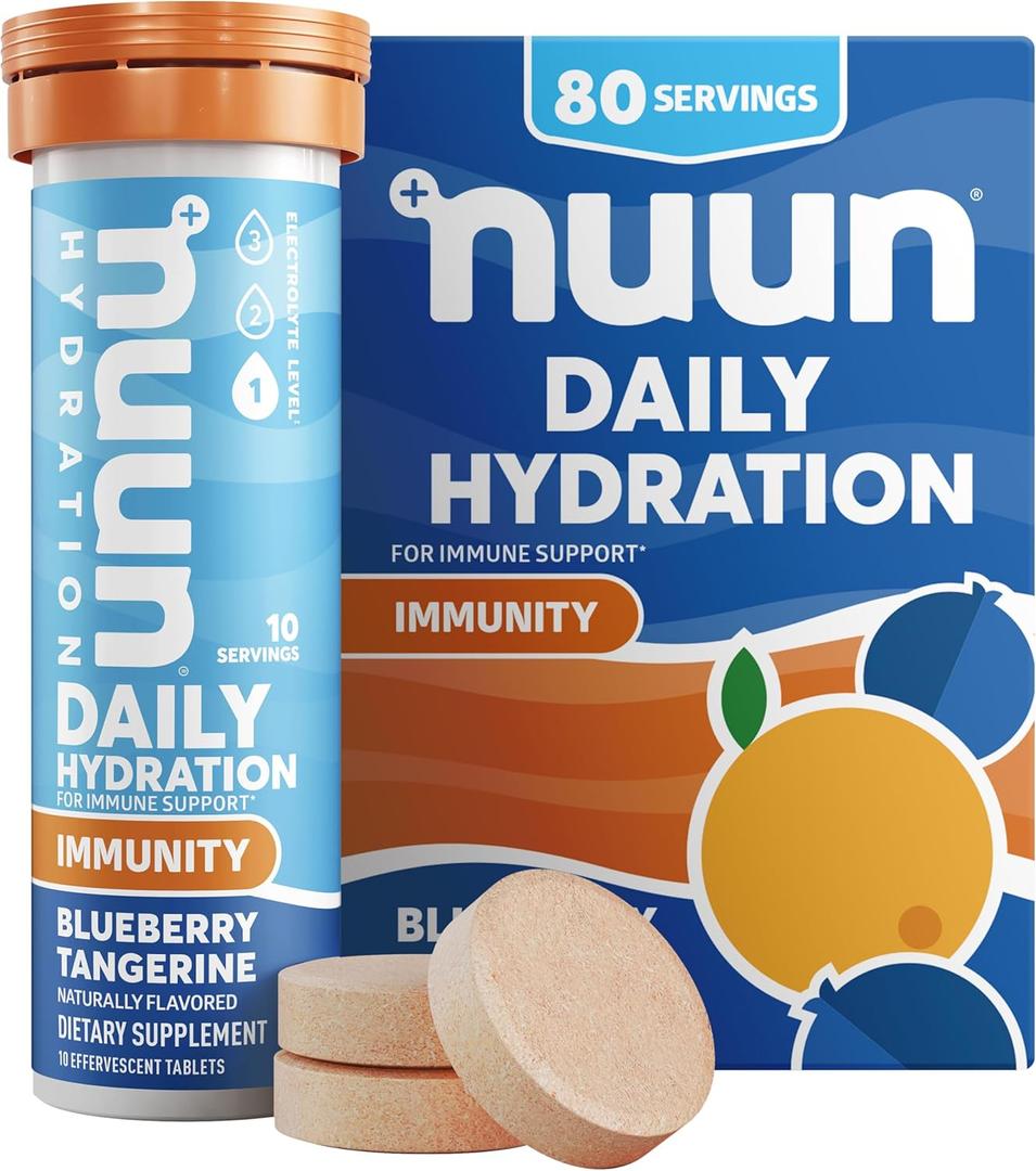 Nuun Immunity Electrolyte Tablets with Vitamin D, C, E, & A, Ginger, Elderberry, Magnesium & 4 Other Essential Electrolytes, Vegan, Blueberry Tangerine, 8 Pack (80 Servings Total)