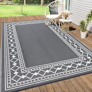 MilleLoom 8x10 Outdoor Rug,Waterproof Geometric Plastic Straw Carpet,Easy Cleaning Folding Uv Resistant Picnic Camping Mat,Lightweight Outdoor Carpet,Grey/White