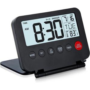 KANBIT Small Digital Travel Alarm Clock, Large LCD Display Front Button with Date & Temperature, Snooze and 8 Seconds Backlight AAA Battery Operated Desk Clock for Home & Office, Black