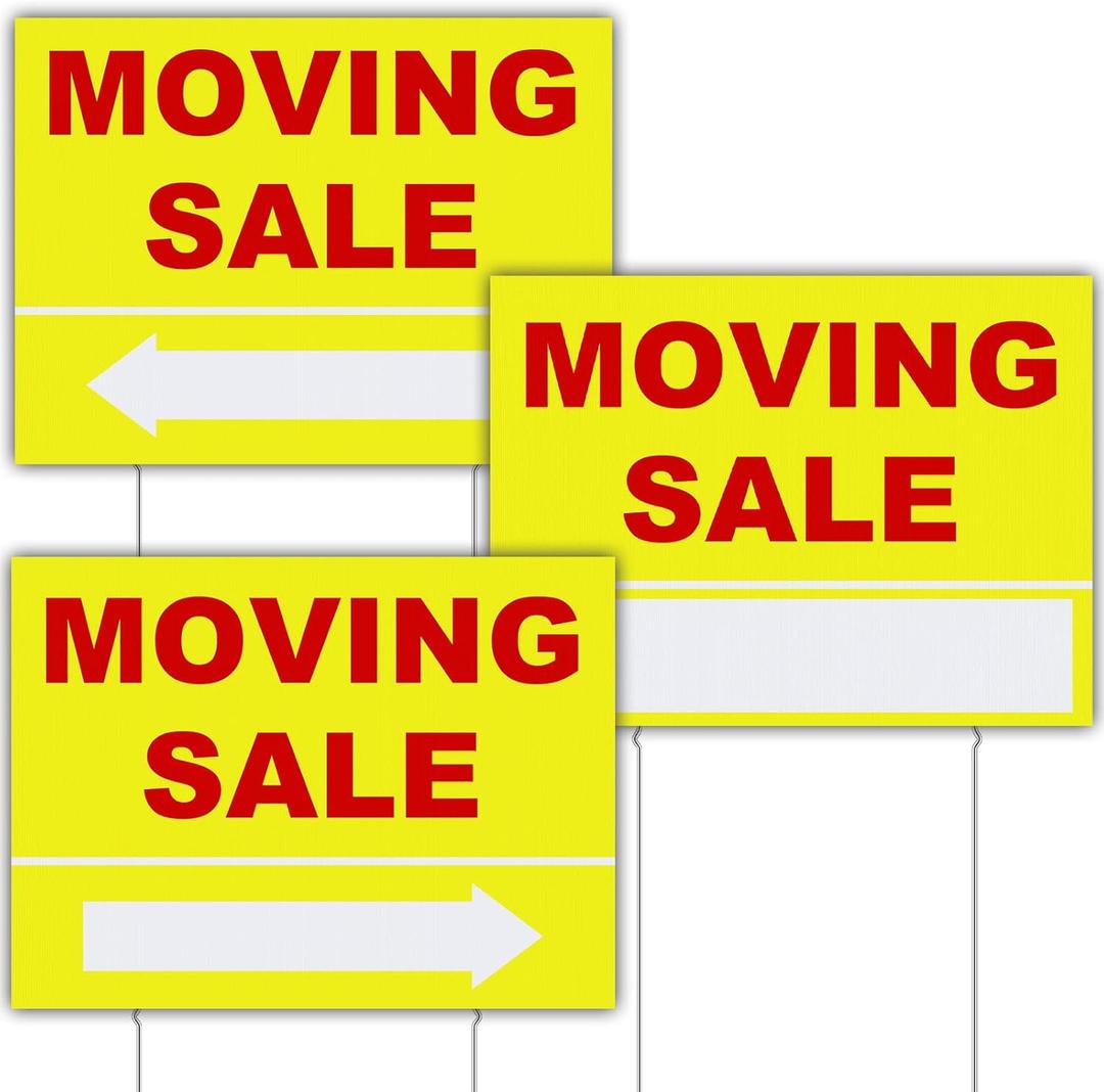 3 Pack Moving Sale Sign Kit 12 x 16 Inch Double Sided Yard Sale Signs with Stakes Corrugated Plastic Estate Sale Signs with Directional Arrows for Real Estate Agents Supplies (Yellow)