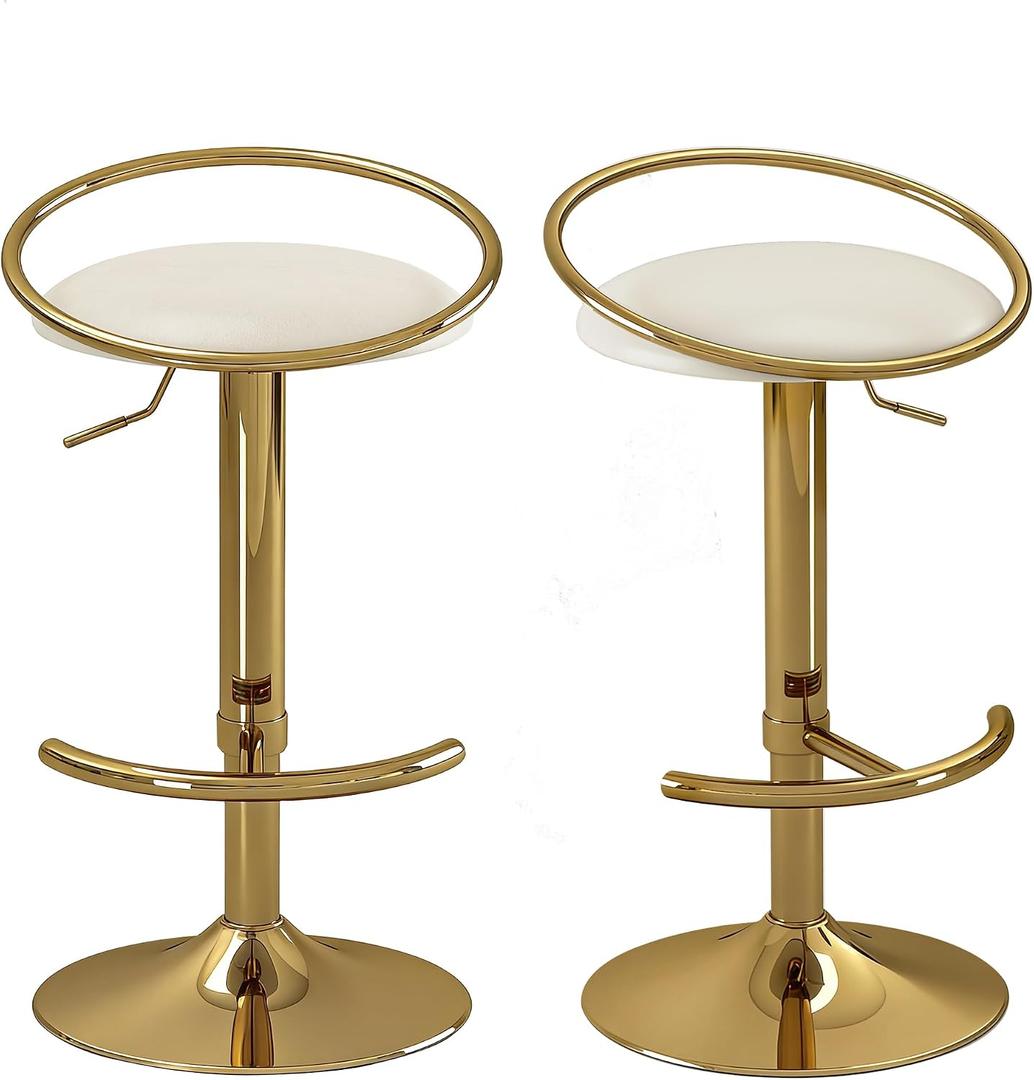 Mritwaii Bar Stools Set of 2, Adjustable Swivel Counter Height Barstools with Upholstered Seat, PU Leather Counter Stools for Bar, Kitchen Island, Dining Room, Gold