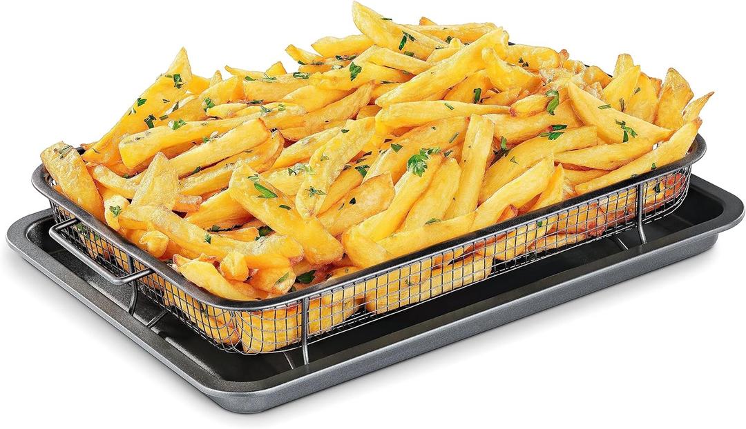 Bakken Swiss Air Fryer Tray  2-in-1 Nonstick Crisper Basket with Elevated Mesh for Oven Use  Dishwasher Safe, Ceramic Coating, PTFE/PFOA/PFOS-Free, Extra-Large 9.5" x 13", Gray