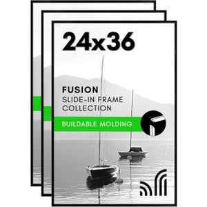 Americanflat 24x36 Poster Frame with Polished Front Cover - Set of 3 - Slide-In Photo Frame with Buildable Molding - Fusion Collection - Picture Frames for Wall Display - Black