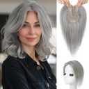 Flufymooz 100% Real Human Hair Toppers for Women, 10 Inch Clip in Human Hair Topper for Thinning Hair, 3603D Cover Clip in Bangs Natural Hairpiece With 4.5'' x 3'' Silk Base-Light Grey