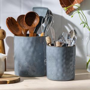 famiware Ocean Utensil Holder, 7.2"+5.8" Ceramic Kitchen Utensil Holder for Countertop, 2 Pieces Cooking Utensil Crocks, Utensil Organizer for Spatula & Spoon, Kitchen Decor, Set of 2, Blue