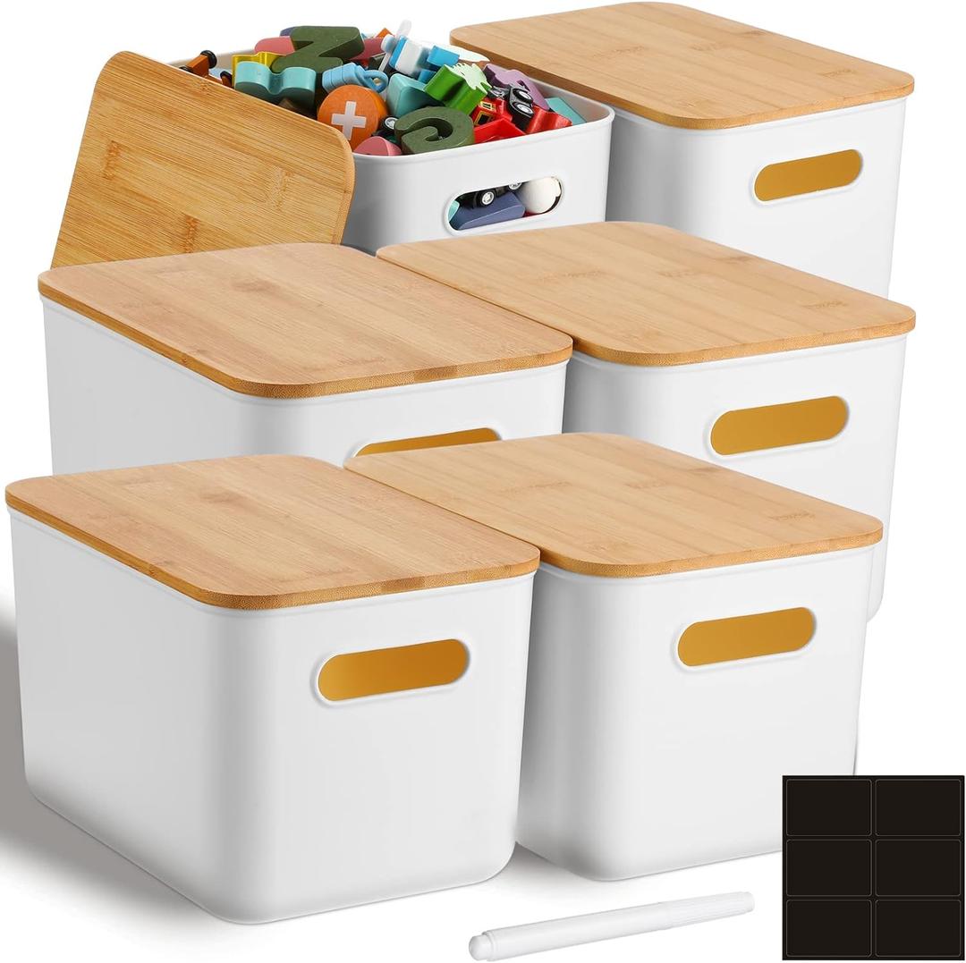Geosar 6 Pcs Storage Bins with Bamboo Lids Plastic Storage Containers Stackable Box with and Handle with 6 Labels and Marker for Organizing Toys and More, 10.1x7x6.69 In (White,Classic)