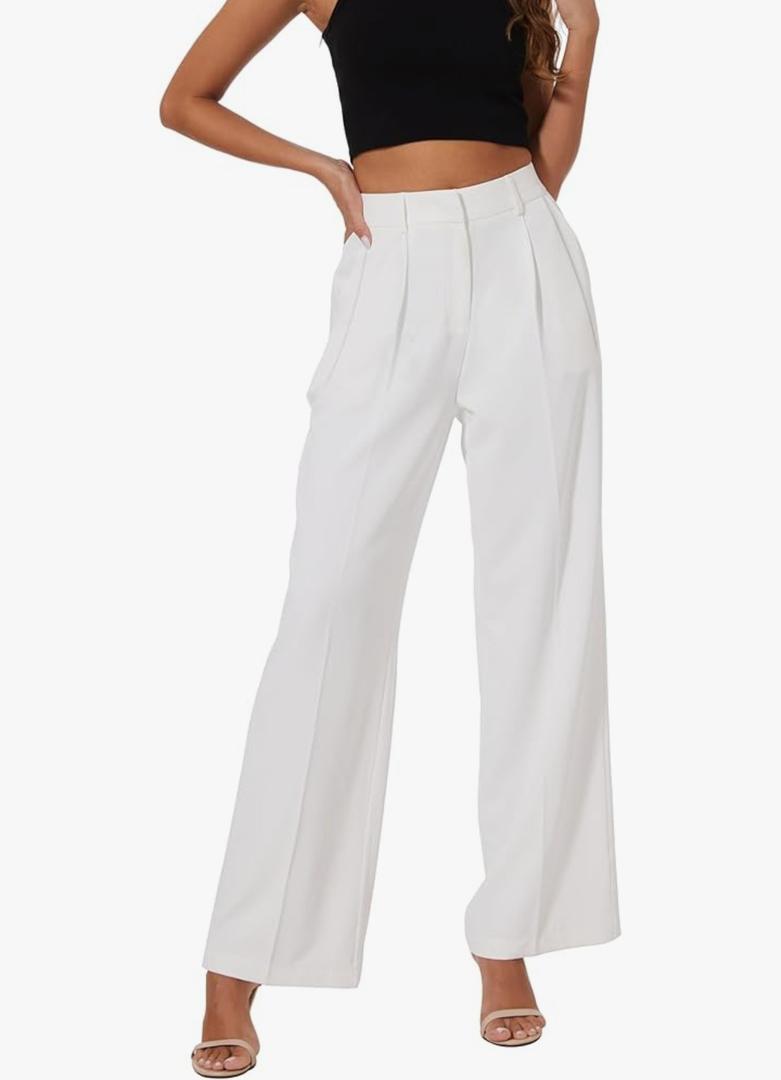 Women Office Wide High Waist Pants Loose Fit Elastic Waist Pleated Front Trousers for Work Casual Small, White 