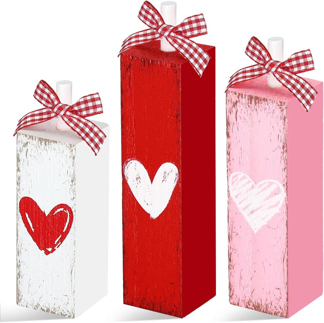 Geetery Valentine's Day Decorations for Home Valentines Table Block Sign Valentine Tiered Tray Decor Rustic Farmhouse Tabletop Centerpieces for Wedding Anniversary Party Shelf (Heart Style)