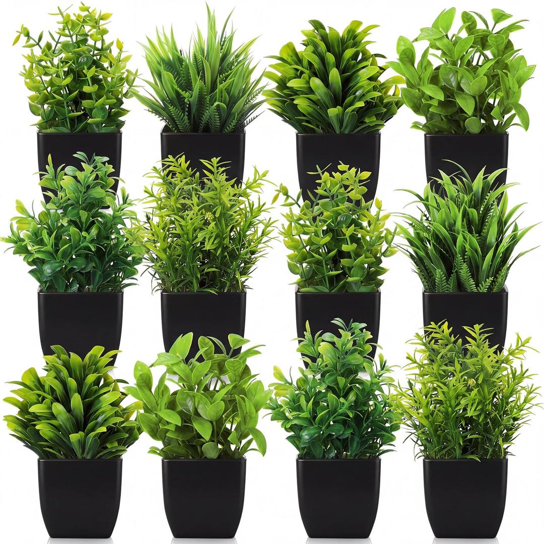Unittype 12 Pcs Fake Plants Small Artificial Faux Plants for Shelf Mini Plastic Potted Greenery for Home Office Desk Bathroom Bedroom Indoor Decor (Black Pot,Green)