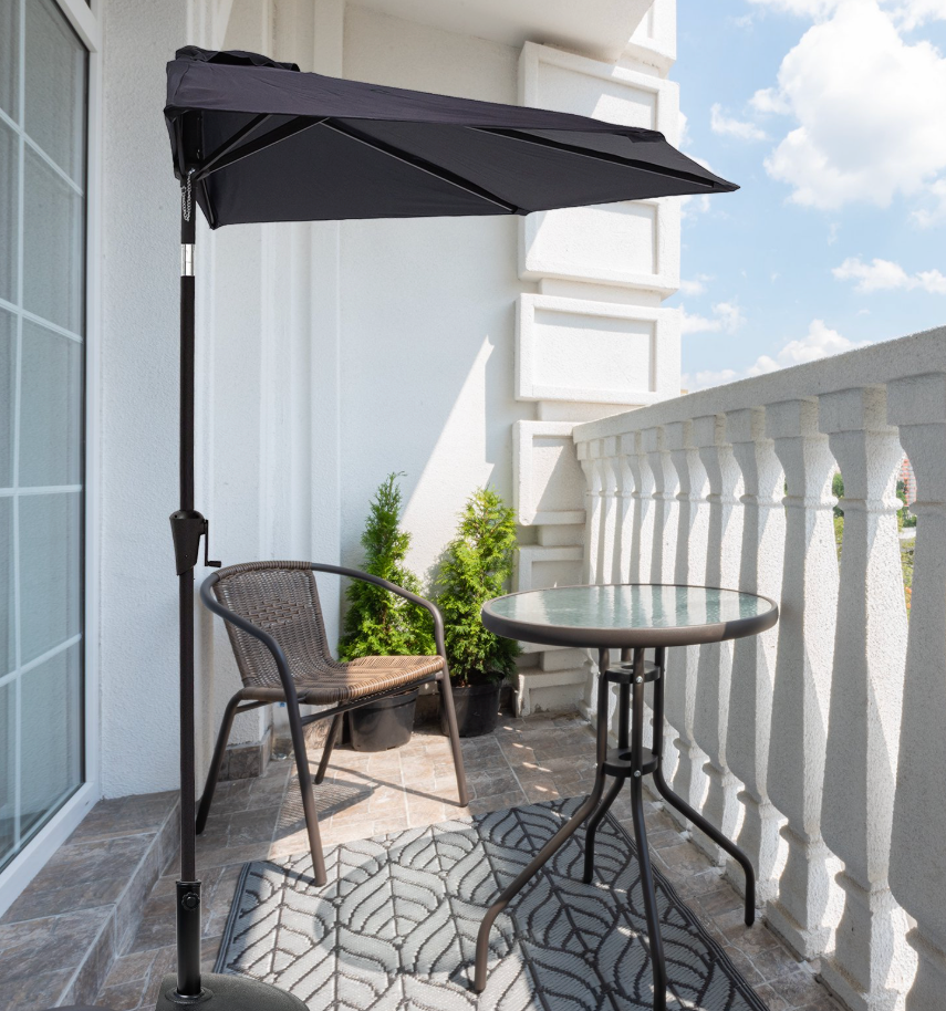 FLAME&SHADE 9 ft Half Round Outdoor Market Patio Table Umbrella with Tilt for Wall Balcony, black