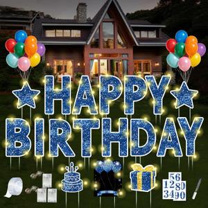 18 Pcs Happy Birthday Yard Sign with Stakes, Happy Birthday Yard Sign with 49.2 Ft LED Light, 16 In Large Personalized Blue Happy Birthday Sign, Waterproof Lawn Garden Birthday Party Decorations