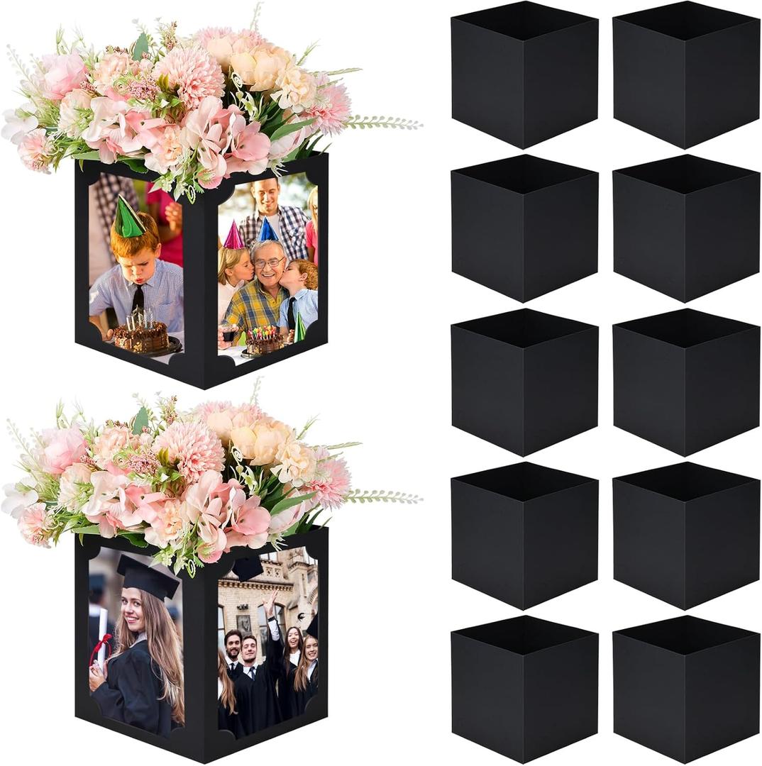 12 Pcs Picture Centerpieces for Table - 6/7 Inch Photo Display Frame & Hollow Picture Props Box for Congrats Grad Decor, Wedding, Birthday Party Table Decoration (Black)