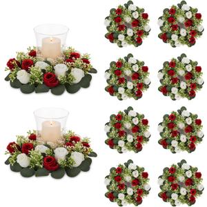 NUPTIO Flower Wedding Centerpieces for Tables - 10 Pcs 14 inch Diam Large Crimson & White Artificial Flowers Fake Roses Candle Rings Wreaths Spring Summer Wreath for Front Door Weddings Party Decor