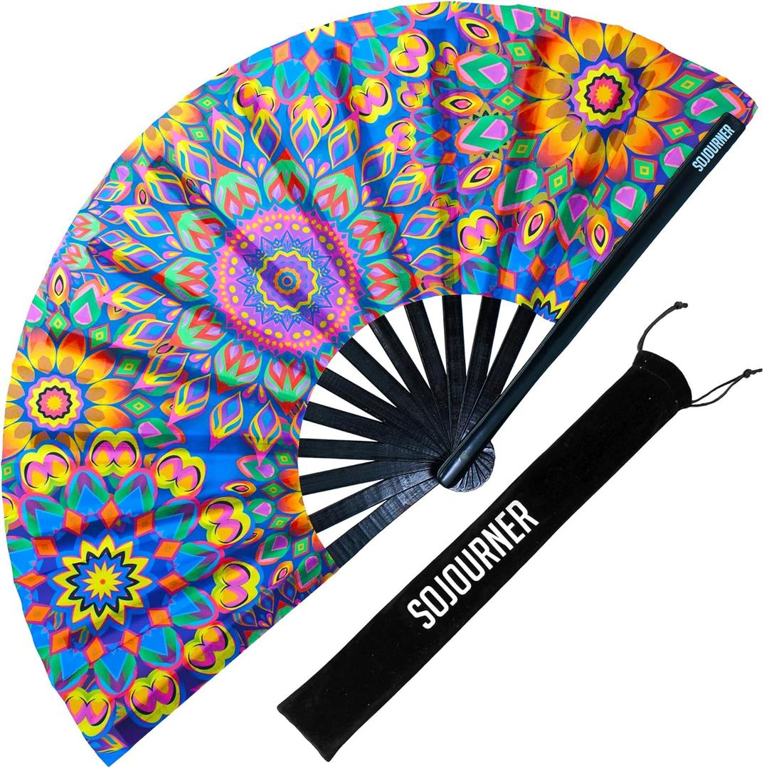 SoJourner Bags Mandala Trippy Wonders Rave Fan - Large Folding Clack Fan for Men and Women - Rave Accessories for EDM, Line Dancing, Cosplay, Concerts and More