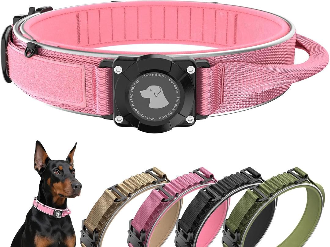 2025 New and Improved AirTag Dog Collar, Military Tactical Dog Collar with AirTag Holder - Adjustable Control Handle, Durable Metal Buckle, Comfortable GPS Dog Collars (M, Pink) 